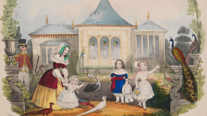 The Royal Children feeding the foreign poultry, at the Chinese Summer House Buckingham Palace Gardens.