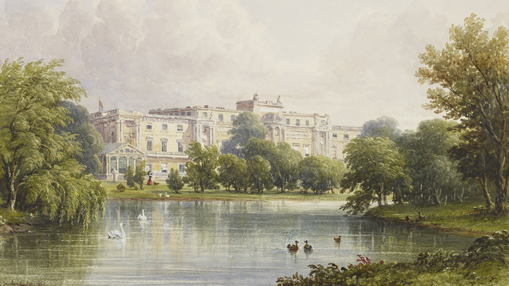 Buckingham Palace: Garden front from across the lake