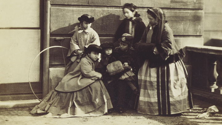 Group at Buckingham Palace (Princess Louise, Princess Helena, Princess Beatrice, Prince Alfred, Princess Alice and Queen Victoria)